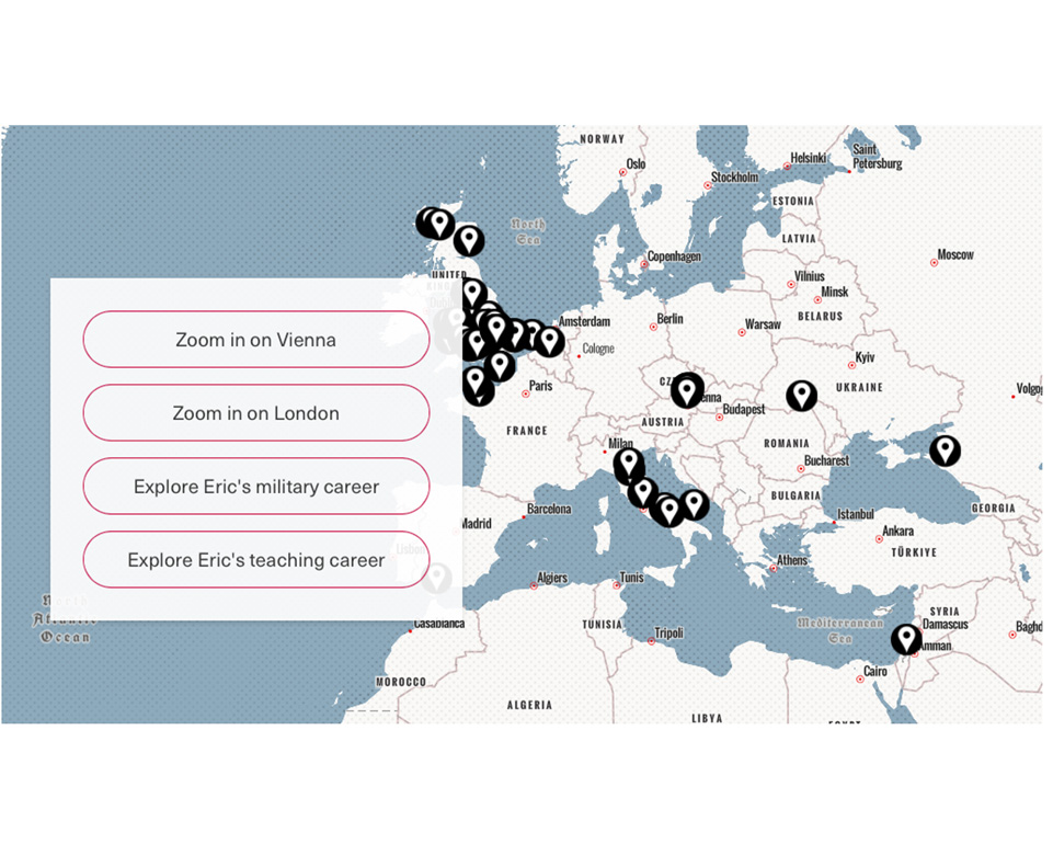 A representational map with pins showing the places Eric Sanders has visited